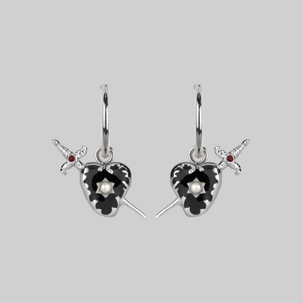 Regal Rose Devotion Black Heart & Sword Hoop Earrings - Silver